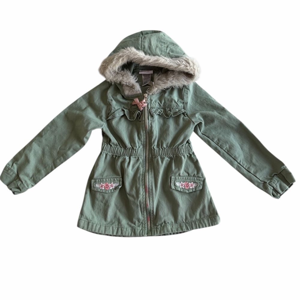 Little Lass Sage Green Hooded Full Zip Jacket with Faux Fur Trim Girls 5